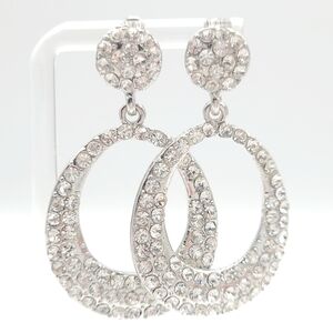 Rhinestone Double Hoop Drop Earrings Silver Tone Crystal Statement Earrings